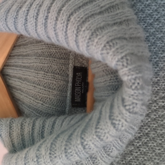 Made in Italy Turtleneck Mohair Wool Mix Seafoam Blue Boho Pullover Poncho Sz L - Picture 5 of 7